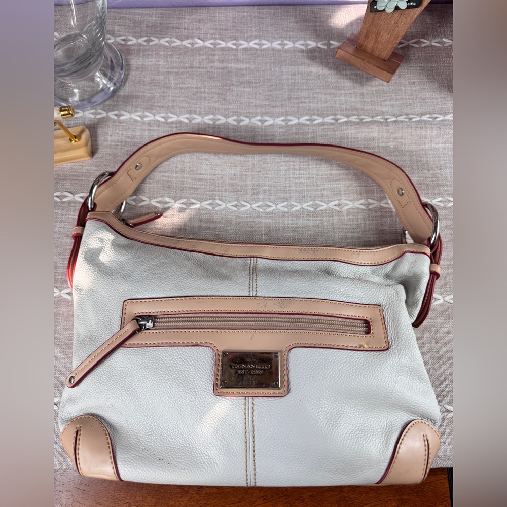 Tignanello Leather Beige and Brown Striped Satin Interior